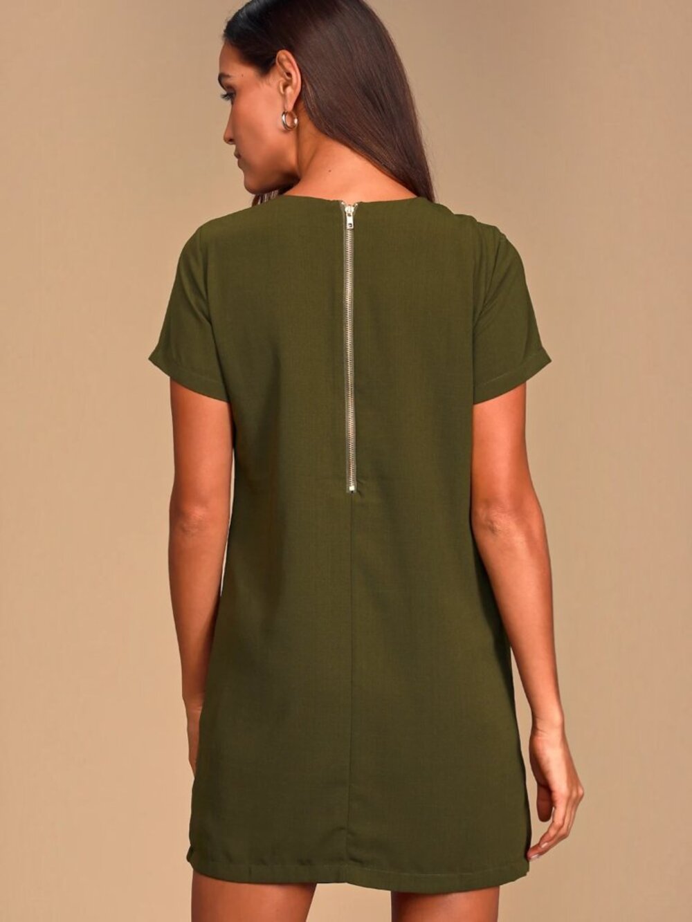 Lulus "Shift and Shout" Olive Green Short Sleeve Shift Dress Size Medium NWT - Picture 3 of 13